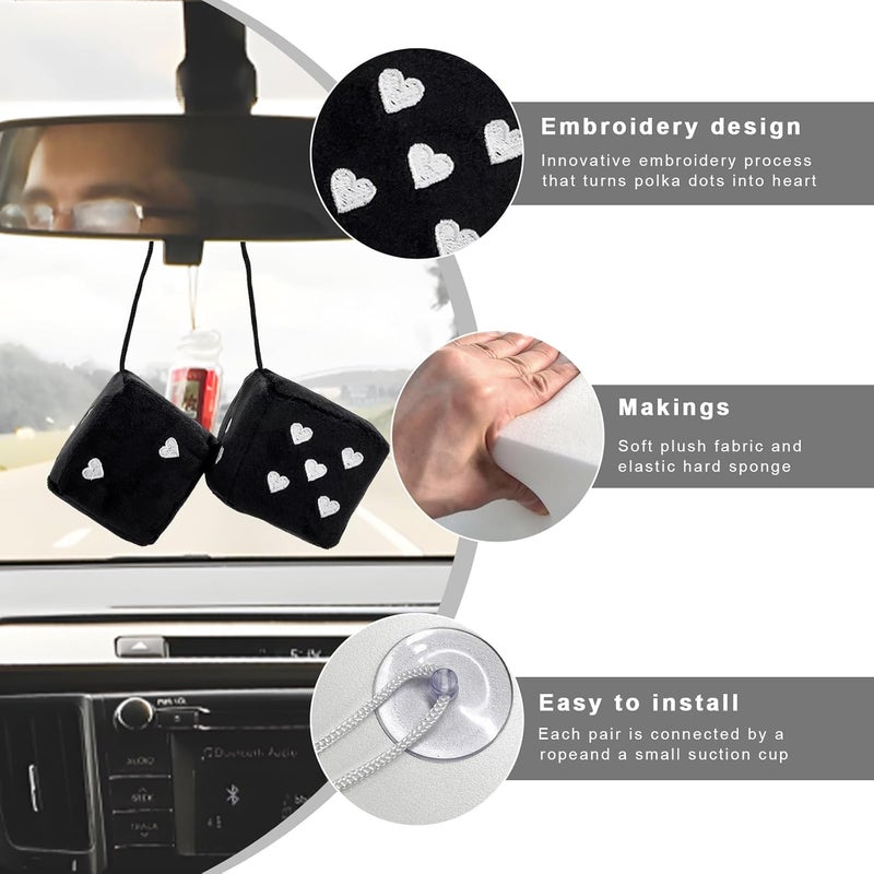 ZNDAW 2 PCS Fuzzy Plush Dice for Car Mirror, 2.75" Retro Square Heart Shape Car Rearview Mirror Cute Decor, Fluffy Dice Vehicle Hanging Ornament Decoration Interior for Women (Black) - Image 3